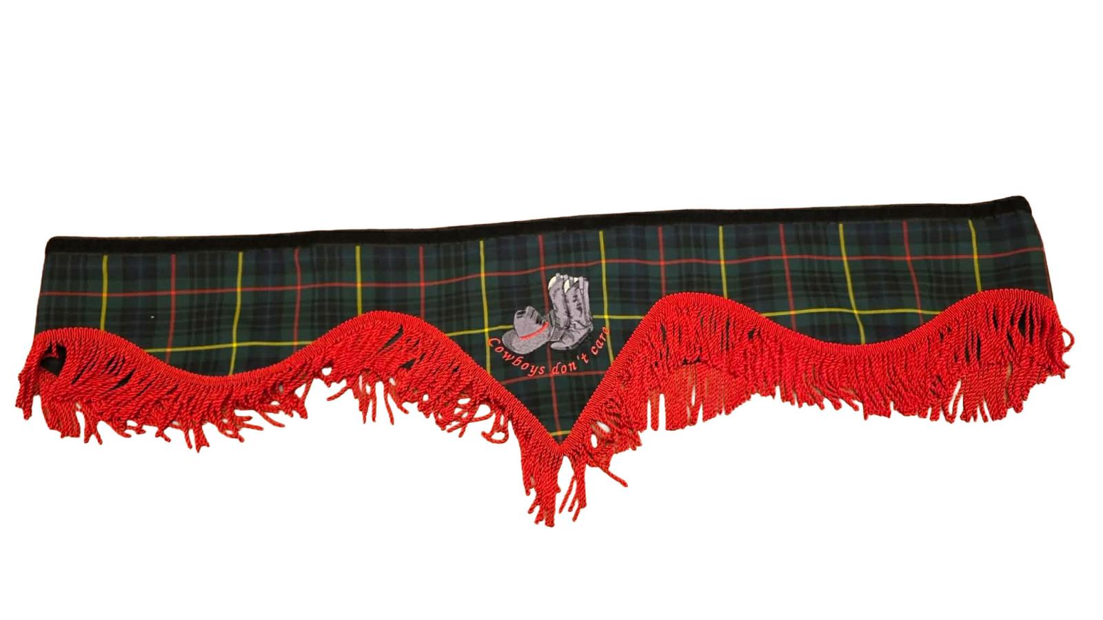 Cowboys Don’t Care Truck Pelmet with Cowboy Boots Motif & Red Fringe Trim Whiterig Truck Curtains